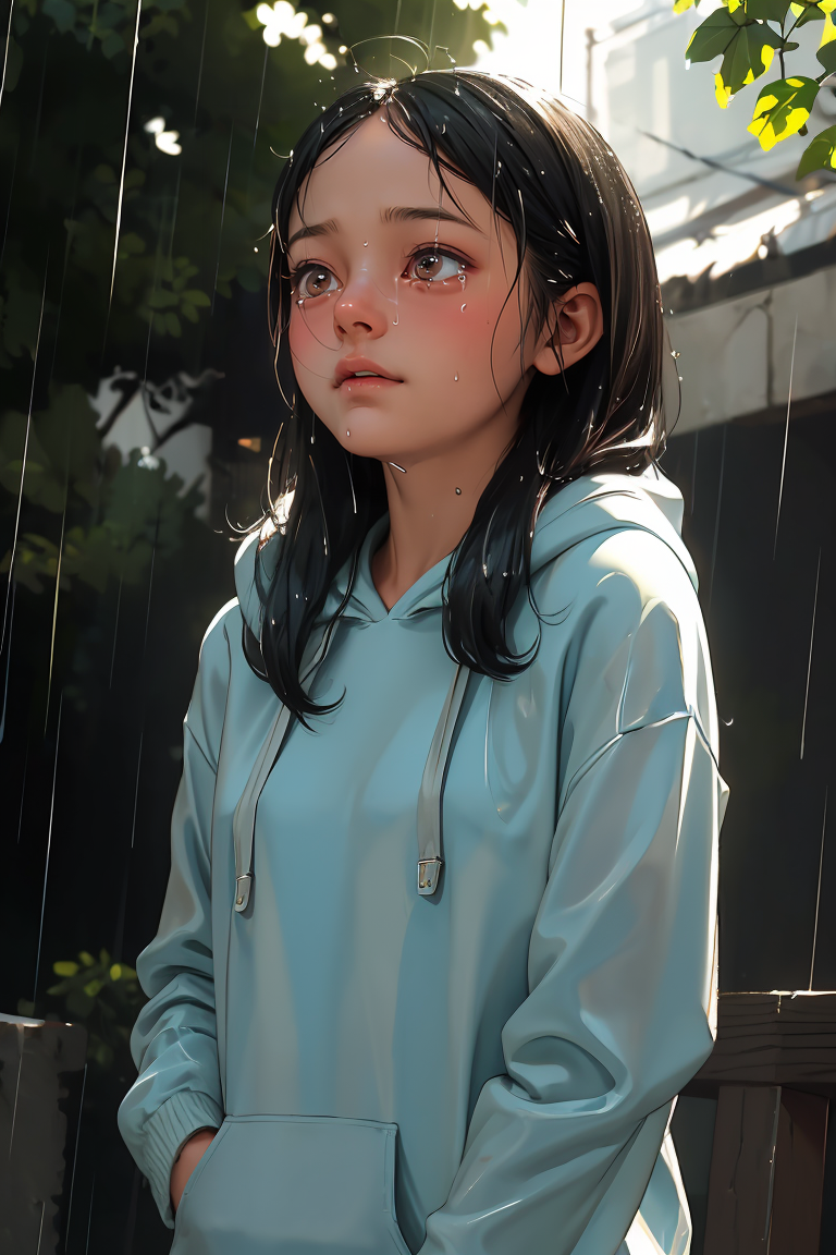 (best quality, masterpiece), 1girl, hoodie, rainy, crying, looking down, wet,